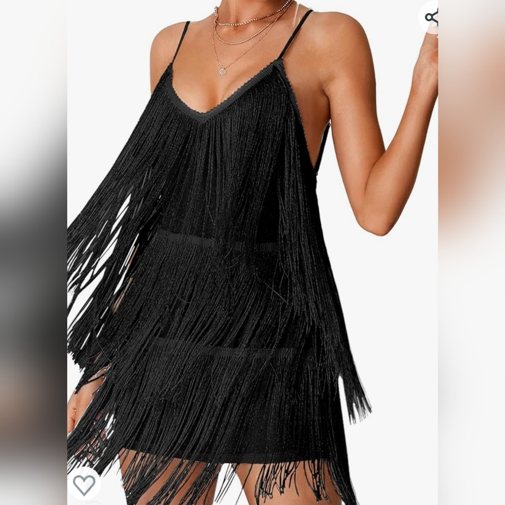 V neck layered fringe spaghetti strap backless dress